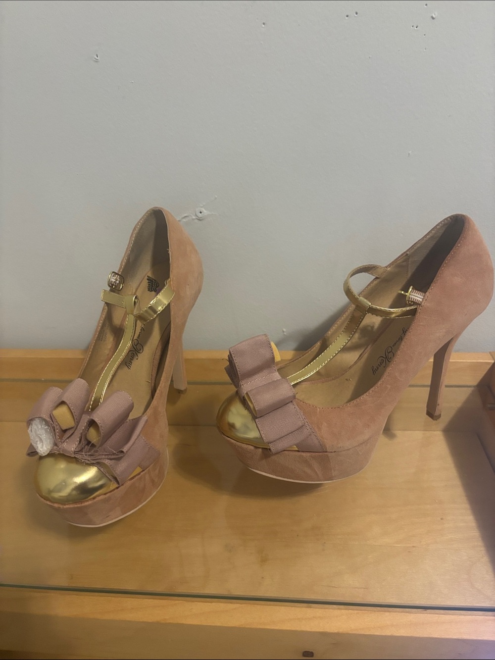 Penny Loves Kenny Blush Pink Suede Bow Platform Heels with Gold Toe